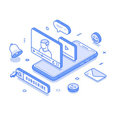 Fototapete - Social media marketing video blog vlog promotion internet advertising minimalist isometric vector illustration. Cyberspace digital networking multimedia content influencer auditorium interaction
