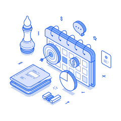 Poster - Time management business planning schedule agenda reminder minimalist isometric vector illustration. Productivity and efficiency work calendar deadline control work process organization