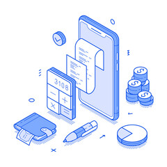 Fototapete - online shopping smartphone bill receipt paying banking application minimalist isometric vector illus