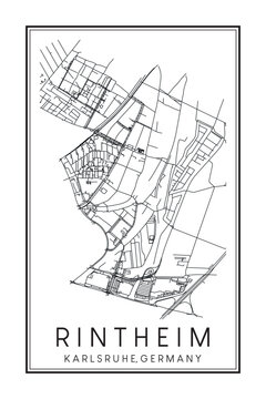 Hand drawn printable downtown road map poster of borough RINTHEIM of the German city of KARLSRUHE on solid white background with city name