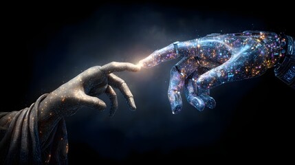 Poster - A futuristic image depicting the synergistic interaction between human and intelligence symbolizing technological progress digital interconnectivity and the potential for innovation