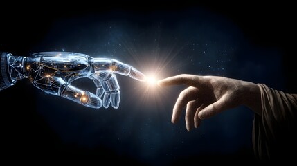 Poster - Futuristic robot hand reaching out to make a digital connection with a human hand representing the of technology and humanity and the potential for future innovations and