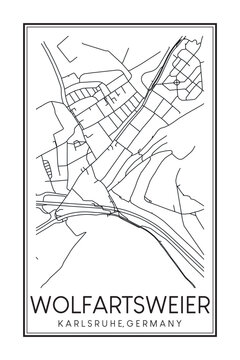 Hand drawn printable downtown road map poster of borough WOLFARTSWEIER of the German city of KARLSRUHE on solid white background with city name