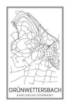 Hand drawn printable downtown road map poster of borough GRÜNWETTERSBACH of the German city of KARLSRUHE on solid white background with city name