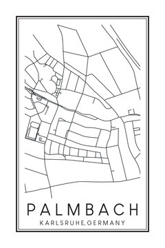 Hand drawn printable downtown road map poster of borough PALMBACH of the German city of KARLSRUHE on solid white background with city name