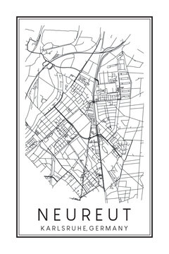 Hand drawn printable downtown road map poster of borough NEUREUT of the German city of KARLSRUHE on solid white background with city name