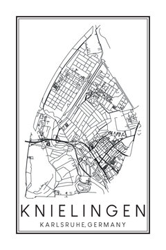 Hand drawn printable downtown road map poster of borough KNIELINGEN of the German city of KARLSRUHE on solid white background with city name
