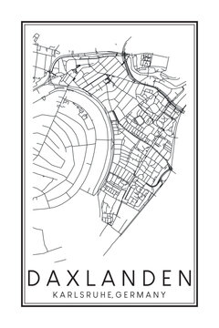Hand drawn printable downtown road map poster of borough DAXLANDEN of the German city of KARLSRUHE on solid white background with city name