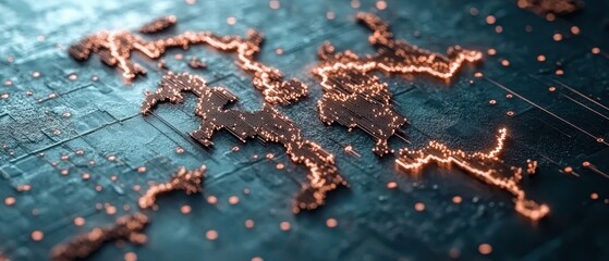 Poster - Abstract world map forms digital network on circuit board surface. Glowing dots highlight geographic continents. Close up on complex data structure.