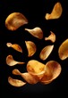 © Di - Vibrant close-up of freshly opened potato chips bag with golden crispy slices floating dynamically in mid-air against sleek black background, advertising, commercial food photography concept
