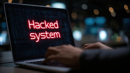 Poster - Laptop screen displays a message indicating a compromised system with hands typing in the foreground.