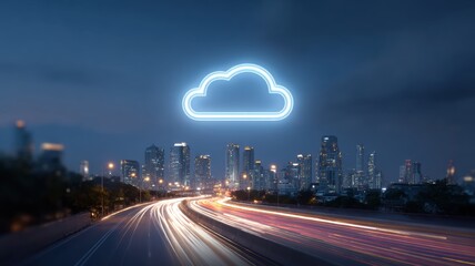 Poster - Urban skyline illuminated by a glowing cloud symbol, depicting connectivity and technology.
