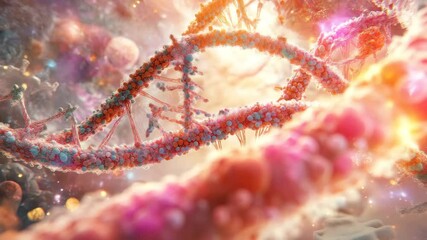 Poster - Mutated DNA strands moving through a vibrant cellular environment, A close-up view of mutated DNA moving inside the human body