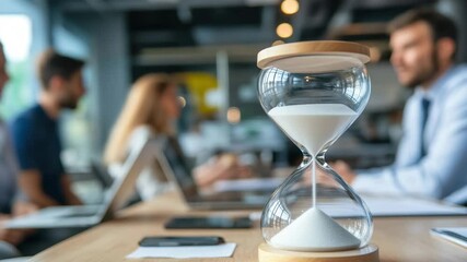 Poster - colleagues engaged in project discussion with hourglass on table in modern office setting, hourglass
