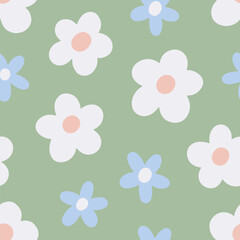 Poster - Daisy flower pattern, seamless floral print with groovy daisies in retro style. Endless repeating background design for spring and summer textile, fabric, wrapping texture. Flat vector illustration.