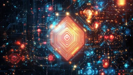 Poster - Complex hexagonal shapes create a vibrant abstract background with colorful lights and intricate patterns, abstract background of complex hexagonal shapes the concept of computer memory technology