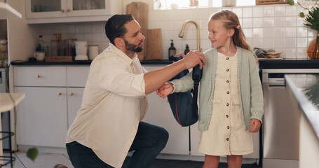 Poster - Kitchen, father and child with backpack for school, help and bonding together with morning routine. Home, parenthood and dad with girl ready for leaving, education and learning on first day in house