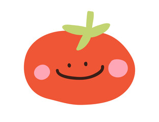 Poster - Happy smiling tomato. Cute and funny vegetable, food character with joyful face, cheeks and eyes, playful expression in kawaii doodle style. Kids flat vector illustration isolated on white background.