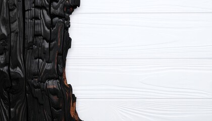 Poster - Close-up of charred wood texture against a white wooden background, showcasing contrast, detail, and the natural beauty of fire damage, perfect for backgrounds.