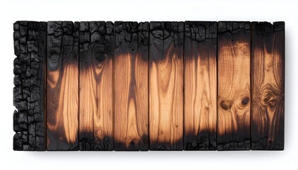 Poster - Close-up of charred wooden planks showing burnt texture and natural wood grain, highlighting the effects of fire on timber, with contrasting dark and light tones.