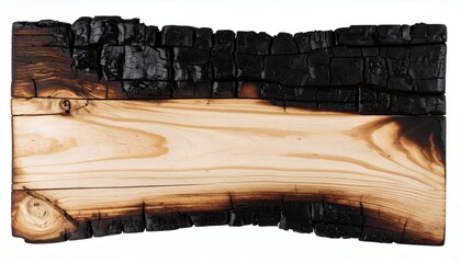 Poster - Close-up shot of a charred wooden plank, showcasing the contrast between burnt black edges and the natural light wood grain, perfect for textured backgrounds.