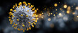 © Sonthana - vaccine disease biotech concept. Microscopic view of a virus with glowing particles in a dark background.
