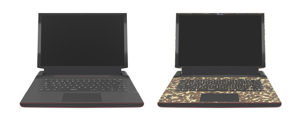 Fototapete - Set of modern laptops with rgb lights isolated on white background with clipping path. 3D render of concept of computer and cloud gaming