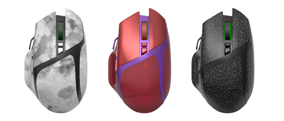 Fototapete - Set of wireless gaming computer mouse isolated on white background with clipping path. 3d render of live streaming gear for cloud gaming and gamer workspace concept