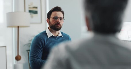 Aufkleber - Man, therapist and counseling with patient for therapy session or health advice at office. Male person, psychologist or guidance counselor speaking with client for listening, communication or help