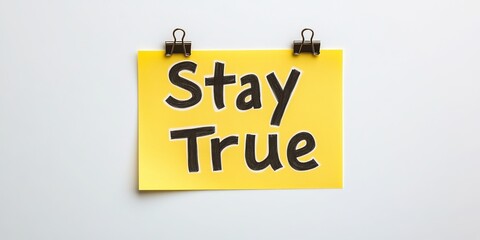 Poster - Yellow Sticky Note with Stay True Message, Encouragement Concept. Isolated on White Background.