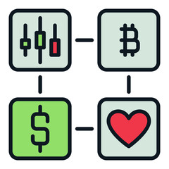 Poster - Dollar,Bitcoin,Red Heart and Candle Chart vector colored icon or sign