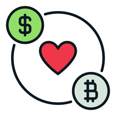 Poster - Dollar and Bitcoin with Red Heart vector Crypto Traders and Investors colored icon or sign