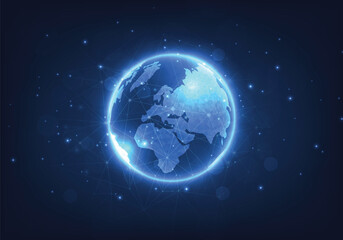 Leinwandbilder - Global network technology background.World image on dark blue background.Communication technology for business.Futuristic globalization modern.3D vector illustration.	