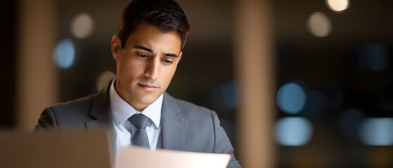 Poster - A businessman in a suit sitting at his desk intently focused on the laptop in front of him working diligently in the office environment