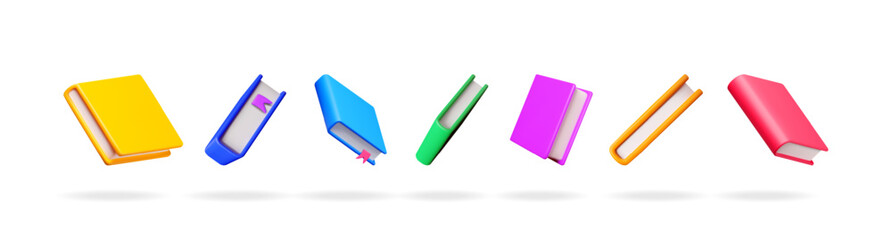 Poster - Colorful 3d books floating. Stack of education book set. School reading content, library, dictionary, textbook concept.
