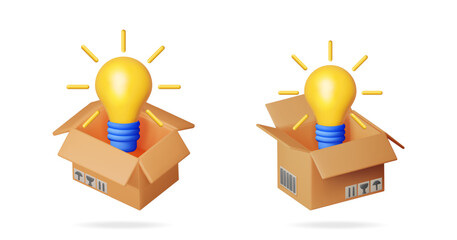 Poster - Yellow glowing light bulb emerges from a brown cardboard box. Surprise new idea concept, thinking outside the box, innovation.