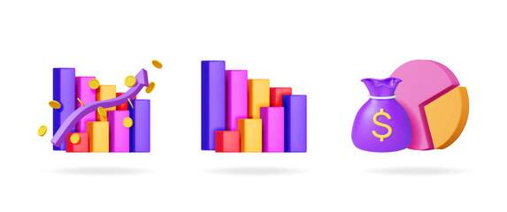 Poster - Financial chart set showing money bag, rising bar graph, and pie chart. Investment growth concept for business data visualization.