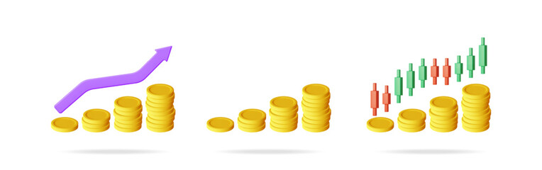 Poster - Growth arrow on coin stacks and candlestick stock chart representing financial upward trend. Finance, success and investment concept.