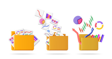 Poster - 3D vector set collection of file folders with various business charts and graphs floating around. Financial analysis and data organization concept.