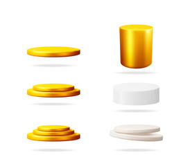 Poster - Set of 3d vector golden and white podium isolated product stage platforms. Realistic abstract cylinder and round pedestal showcase for presentation.