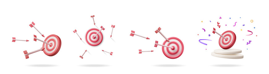 Aufkleber - 3d vector set collection with success and failure target concept. Arrow hitting and missing the bullseye illustration for business achievement.