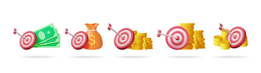 Poster - 3d vector set collection of money and financial targets. Green banknotes with a target, savings bag, golden coins success concept.