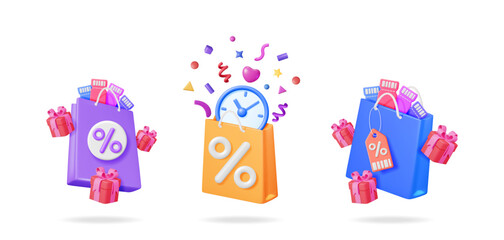 Poster - Three shopping bags with percent symbols and gift boxes. Retail shop discount or special offer concept for marketing.