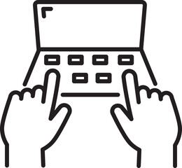 Poster - Two hands typing on laptop keyboard, depicted in simple black and white line drawing. illustration shows top down view of device, emphasizing act of typing
