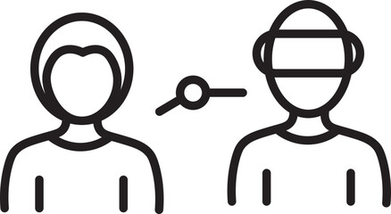 Poster - Simple line illustration depicts two figures, one wearing virtual reality headset, connected by line with circle in middle, symbolizing communication or interaction