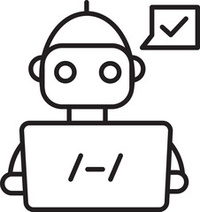 Poster - Simple line drawing of robot with laptop and checkmark symbol, representing technology and approval. robot has basic design with circular eyes and small antenna
