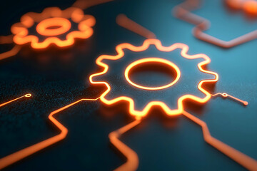 Aufkleber - Glowing orange gear icons connected by illuminated lines on a dark digital circuit board background.