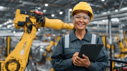 Poster - Portrait of a smiling Asian woman factory worker wearing a hardhat and uniform holding a digital tablet and overseeing production in a modern high tech industrial facility