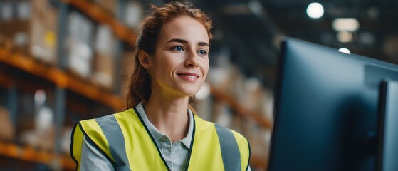 Poster - Cheerful female employee wearing a safety vest standing in a well organized warehouse filled with shelves and boxes representing efficient logistics and distribution