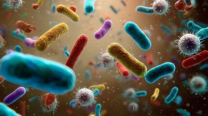 Poster - Microscopic View of Vibrant, Colorful Bacteria and Viruses Moving on a Blurred Background.